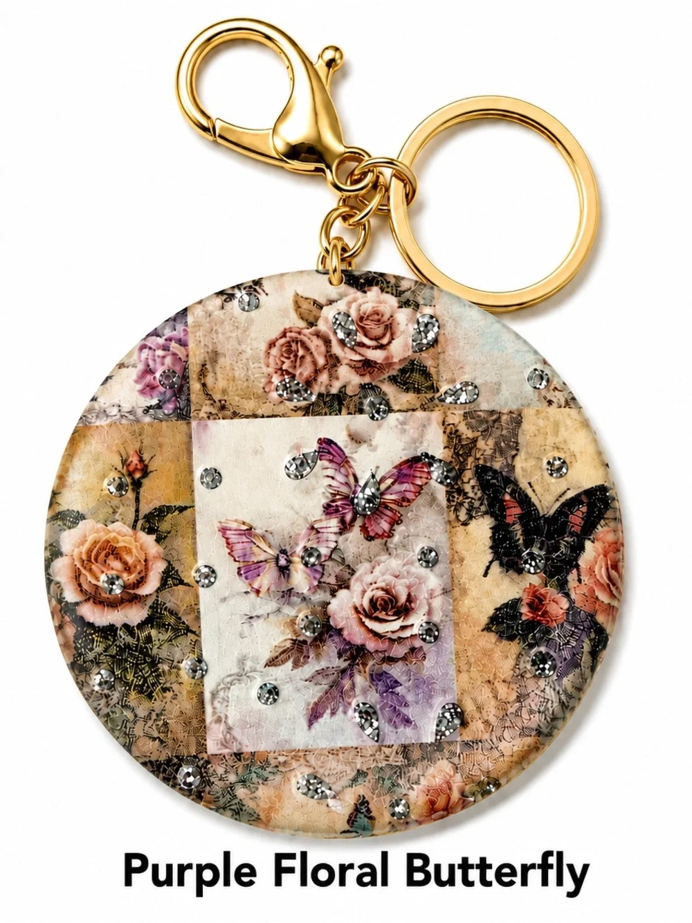 Floral Butterfly Rhinestone Compact Mirror Keychain Gold Tone